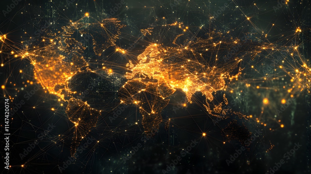 Poster global connectivity visualization world map digital art night view technology concept illuminated ne
