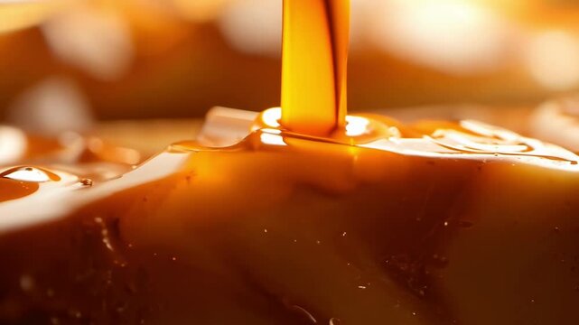 Golden caramel sauce being poured over a creamy dessert, creating a glossy, indulgent texture with warm highlights. 4K video