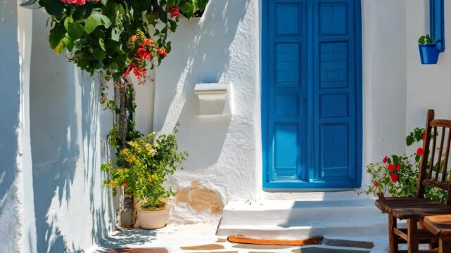 Charming streets of Paros island showcase vibrant flowers and traditional architecture, Aesthetic greek village of Paros island in Mediterranean sea Travel to Greece