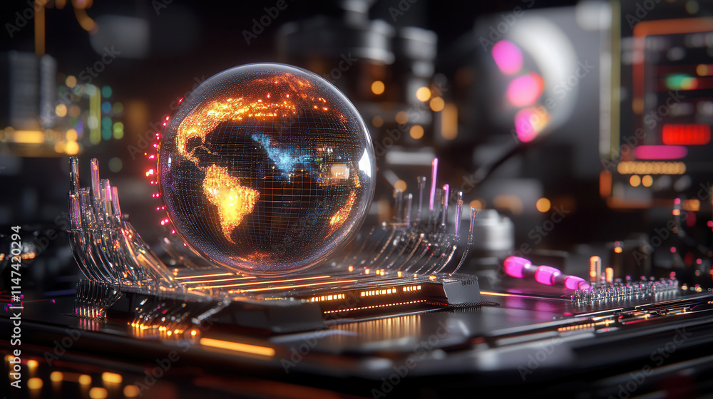 Poster futuristic data system featuring glowing globe and advanced technology. vibrant colors and intricate