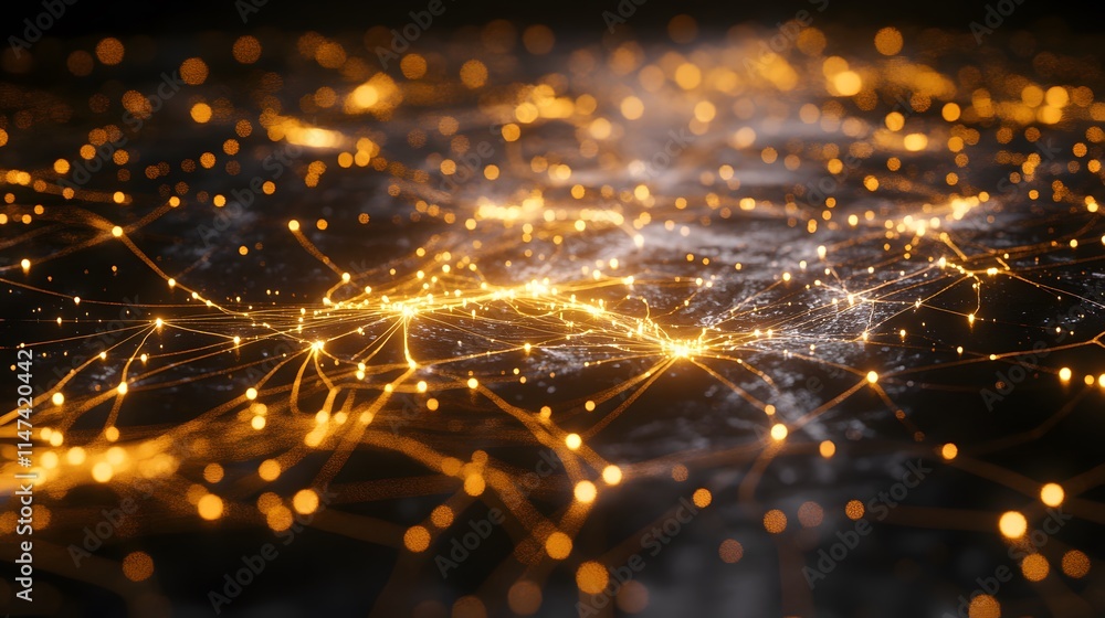 Poster dynamic network connections illuminated digital space abstract visuals dark environment close-up vie