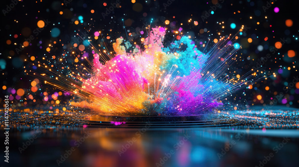 Poster vibrant explosion of colorful particles and lights creates stunning visual effect. dynamic display s