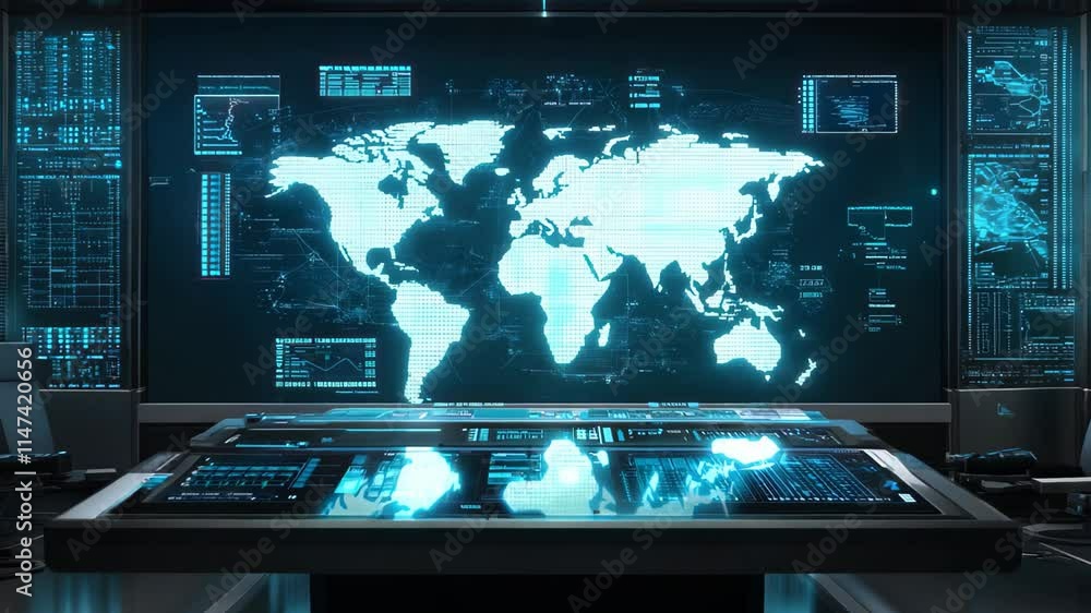 Poster Futuristic control room with digital interfaces for global monitoring and data analysis, Futuristic control room with digital interface displaying world map