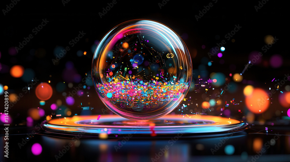 Poster vibrant bubble filled with colorful confetti floats above glowing surface, creating magical atmosphe