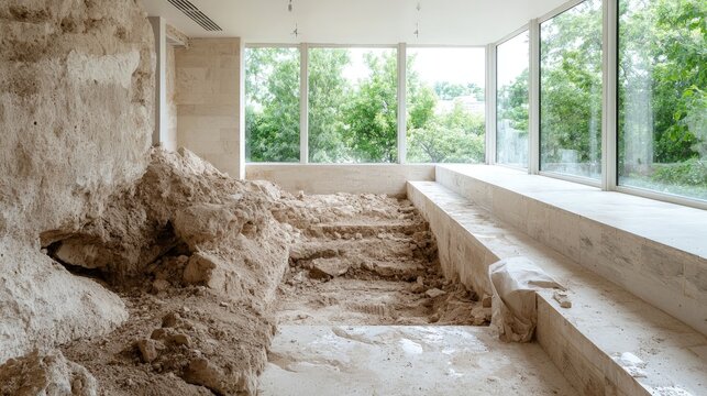 Interior under construction with piles of sand and large windows.