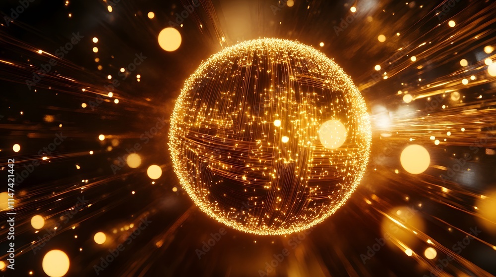 Poster dynamic golden sphere energy burst digital space abstract animation futuristic environment close-up 