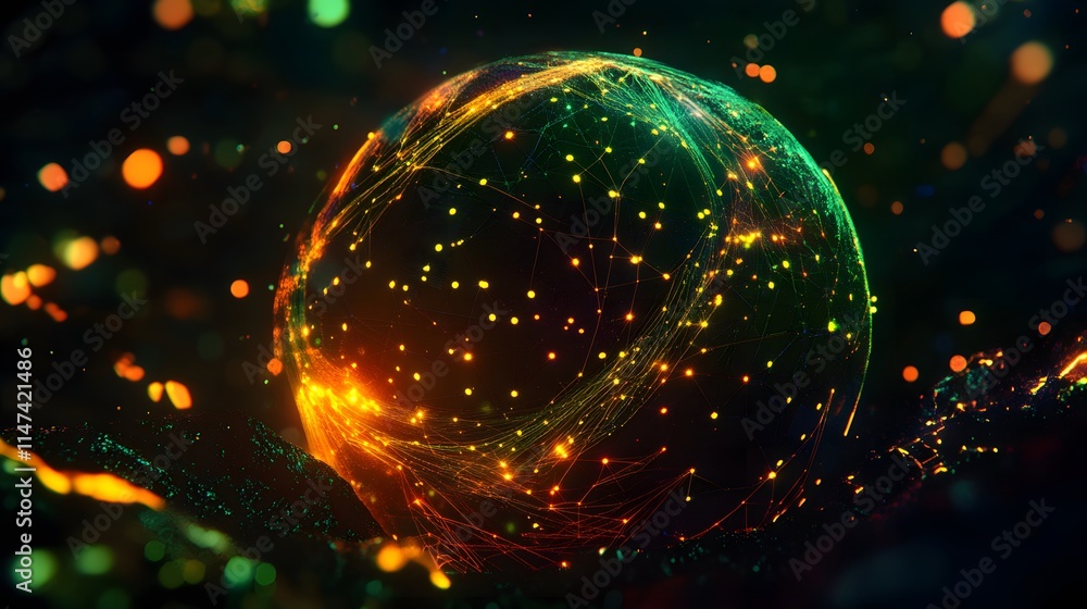 Poster digital sphere of light and color abstract visualization futuristic concept dark environment close-u