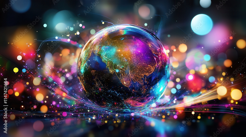Poster vibrant globe surrounded by colorful lights and abstract patterns, symbolizing global connectivity a
