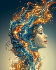 A woman with long blue hair and orange streaks. The hair is flowing and the woman has a serene expression