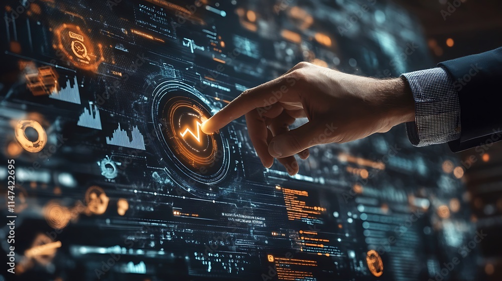 Poster hand interacting with futuristic digital interface data