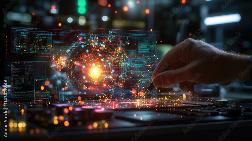 Poster technician manipulating holographic interface with vibrant data visualizations, showcasing advanced 