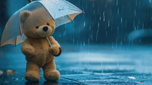 Teddy bear holding an umbrella in the rain on a wet street, A teddy bear stands with an umbrella in the pouring rain ed Background