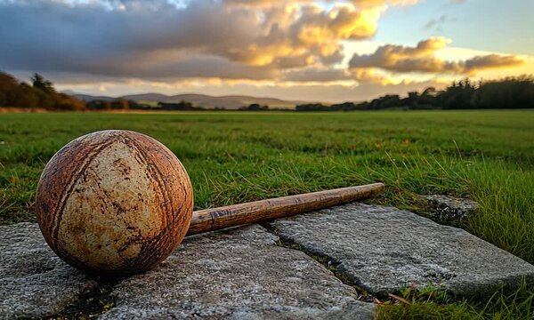 A rustic hurling ball and stick on a stone surface at sunset.