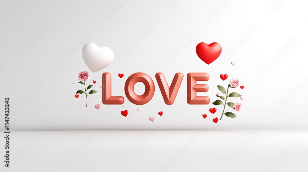 Fototapete floating layered letters spelling love in red and pink hues in a flat vector style on white.