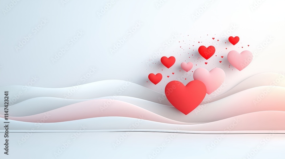 Poster layered heart graphics creating depth with soft pink and red tones in flat vector style on white.
