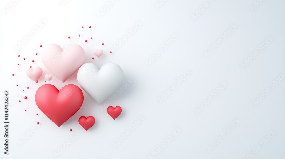 Poster layered heart graphics creating depth with soft pink and red tones in flat vector style on white.