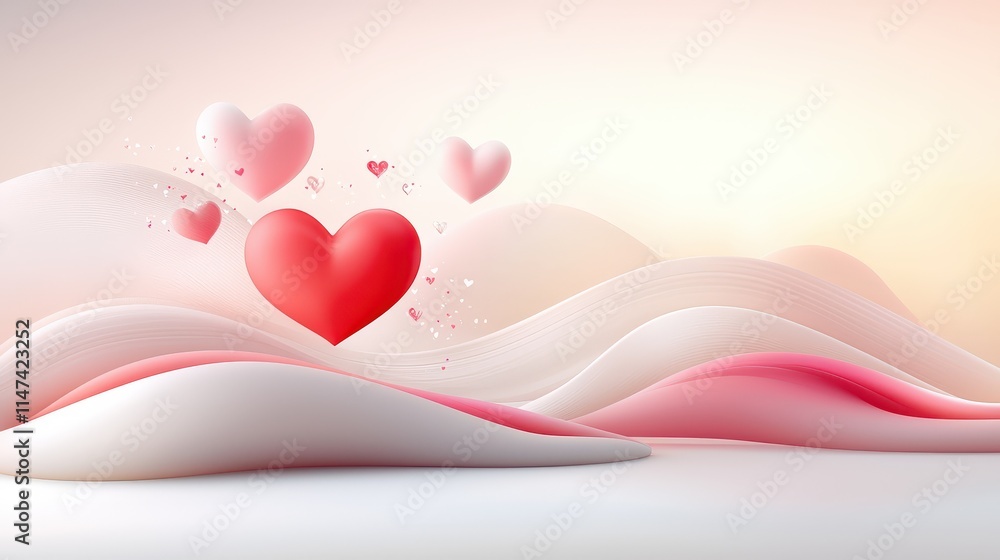 Poster layered heart graphics creating depth with soft pink and red tones in flat vector style on white.