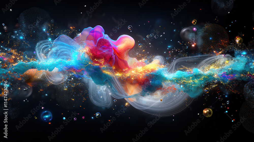 Poster vibrant abstract visualization of colorful light waves and cosmic elements, creating mesmerizing eff