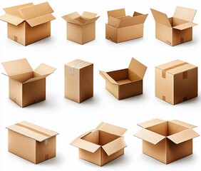 Fototapeta premium Collection of various open and closed cardboard boxes isolated on white background.