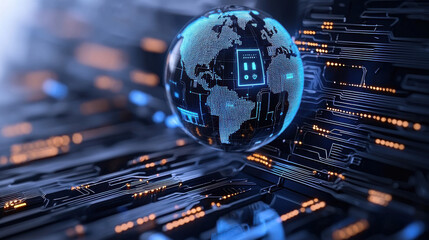 digital globe showcasing AI driven threat intelligence on futuristic background, symbolizing global connectivity and advanced technology