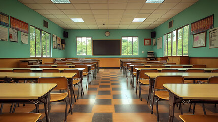 Empty Classroom: Desks, Chairs, and Blackboard