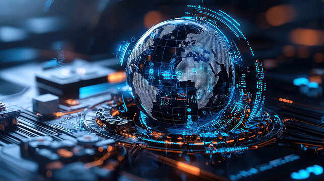 digital globe with AI driven threat intelligence visualization, showcasing interconnected data and technology. vibrant blue and orange colors highlight modern tech environment - Powered by Adobe