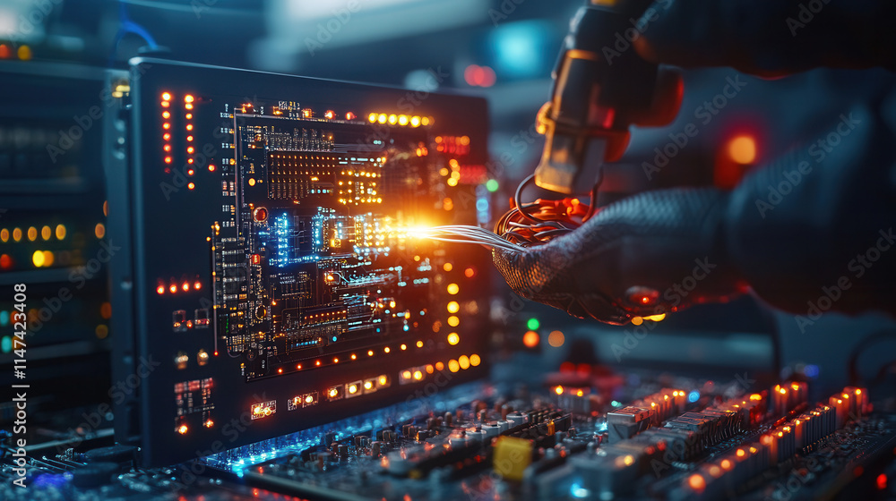 Poster high tech engineer working on circuit board with glowing components, showcasing precision and innova