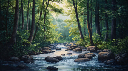Fototapeta premium Serene forest stream flowing over smooth stones in afternoon light. 