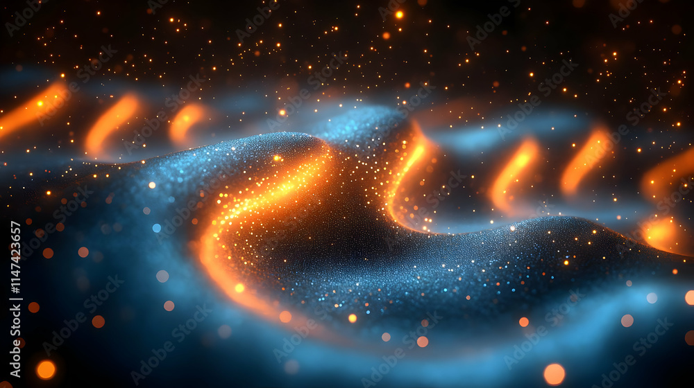 Poster glowing particles flowing dynamically across dark background