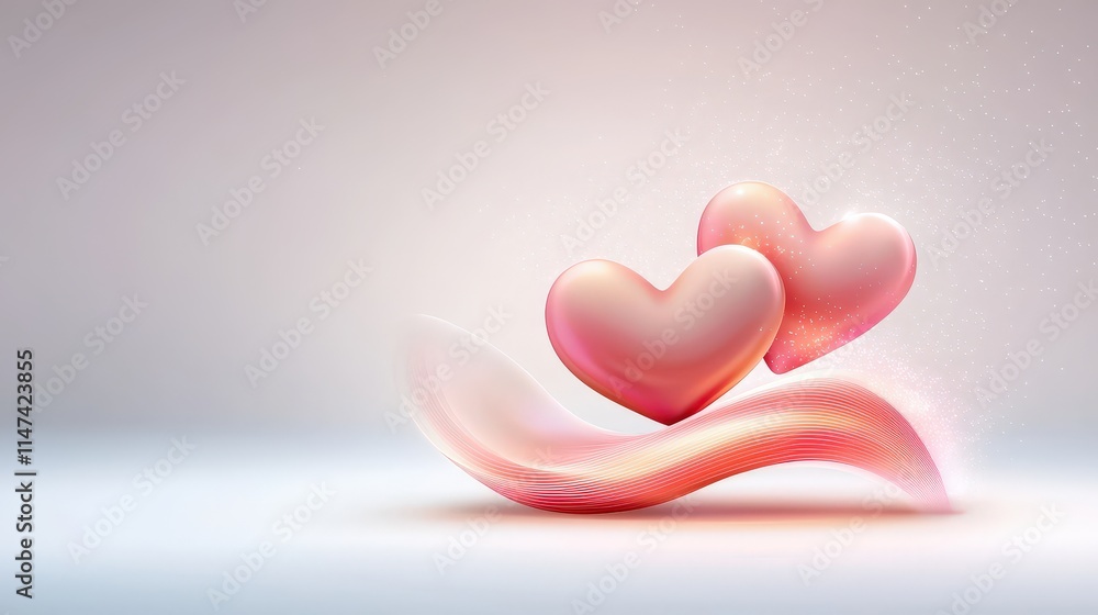 Poster flat vector of animated hearts pulsating in a loop with soft pink glow effects on a minimal white ba