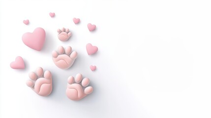 Flat vector of pet-themed Valentine: heart-shaped paw prints and  Love Your Pets typography in soft pastels on a white background.