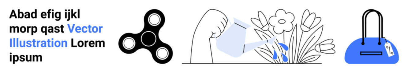 Fidget spinner, hand watering flowers, blue handbag, and text elements in a horizontal layout. Ideal for recreational activities, gardening, shopping, lifestyle, minimalistic design product display