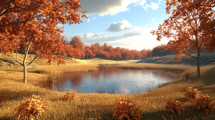 Vibrant autumn landscape with a tranquil pond and colorful trees at sunset. 