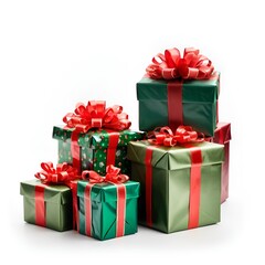 Obraz premium Beautifully Wrapped Christmas Gifts boxes with red ribbon