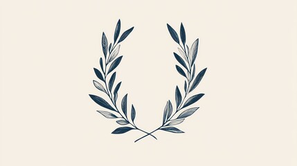 Elegant navy blue and gray olive branch wreath illustration on beige background.