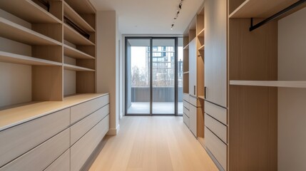 Fototapeta premium Minimalist modern closet with clean, elegant design. Featuring neutral tones and sleek storage solutions