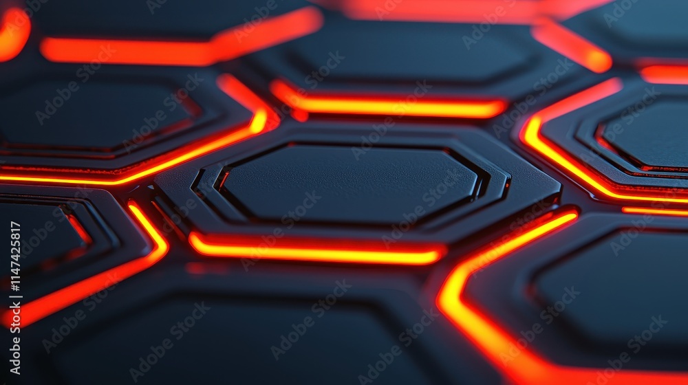 Poster Dark Hexagonal Pattern with Glowing Red Lines and 3D Effect