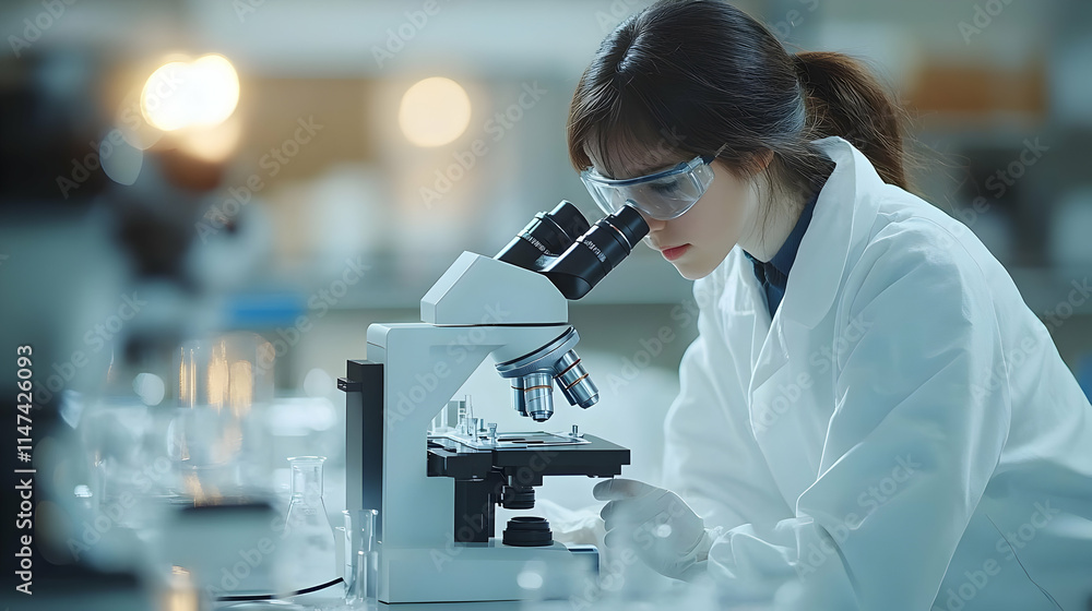 Poster scientist uses microscope to analyze sample in lab