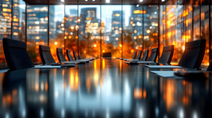 Night Cityscape Reflected in Boardroom Table