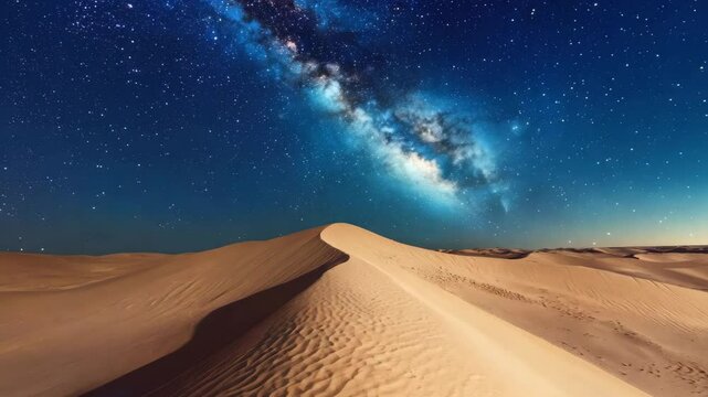 Stunning timelapse of the Milky Way arching over tranquil sand dunes at night, 4K Time lapse of milky way over the sand dune in desert empty quarter