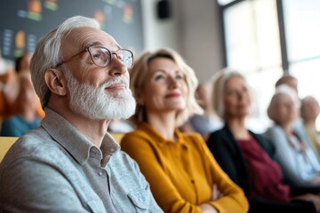 Engaged Group of Senior Citizens Attending a Retirement Seminar with Focused Expressions and Shared Experiences in a Modern Learning Environment
