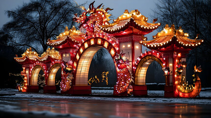 Illuminated Dragon Arches: Festive Night Display