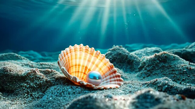 Open Oyster Shell with Shiny Pearl on Rocky Shore