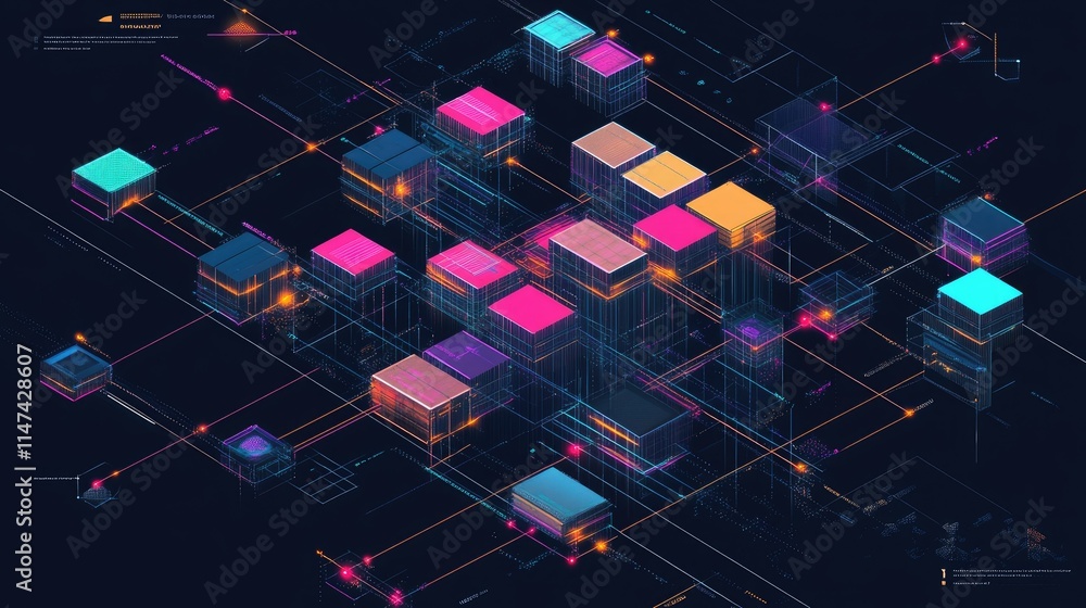 Poster futuristic digital cityscape with neon structures and interconnected lines symbolizing technology, i