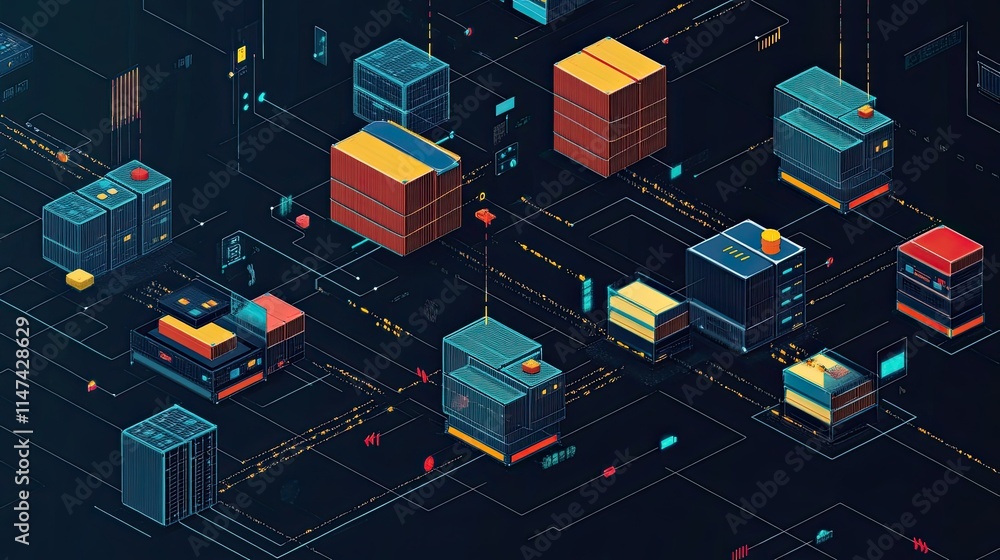Poster abstract digital illustration of interconnected storage units and data networks in a dark futuristic