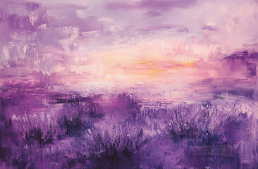 Vibrant sunset over a tranquil landscape filled with purple hues and soft clouds. 