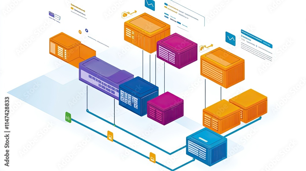 Poster colorful vector illustration of cloud computing architecture with server containers, data flow, and 
