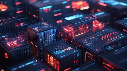Fototapeta premium Futuristic Data Grid with Transparent Displays and Neon Lights Featuring Complex Digital Interfaces and Server-like Structures in a High-Tech Environment
