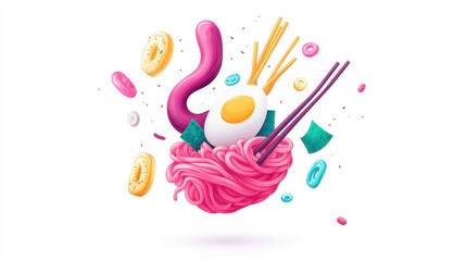 A minimalistic vector illustration of floating ramen ingredients, featuring vibrant neon pink noodles, bright turquoise chopsticks