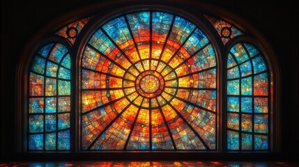 Radiant stained-glass window, warm hues, intricate design.